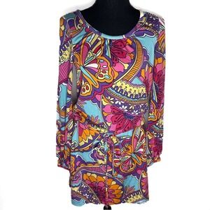 Lilly Pulitzer Silk Dress Tie-Waist Balloon Sleeve 70s Butterfly Print Retro‎ S